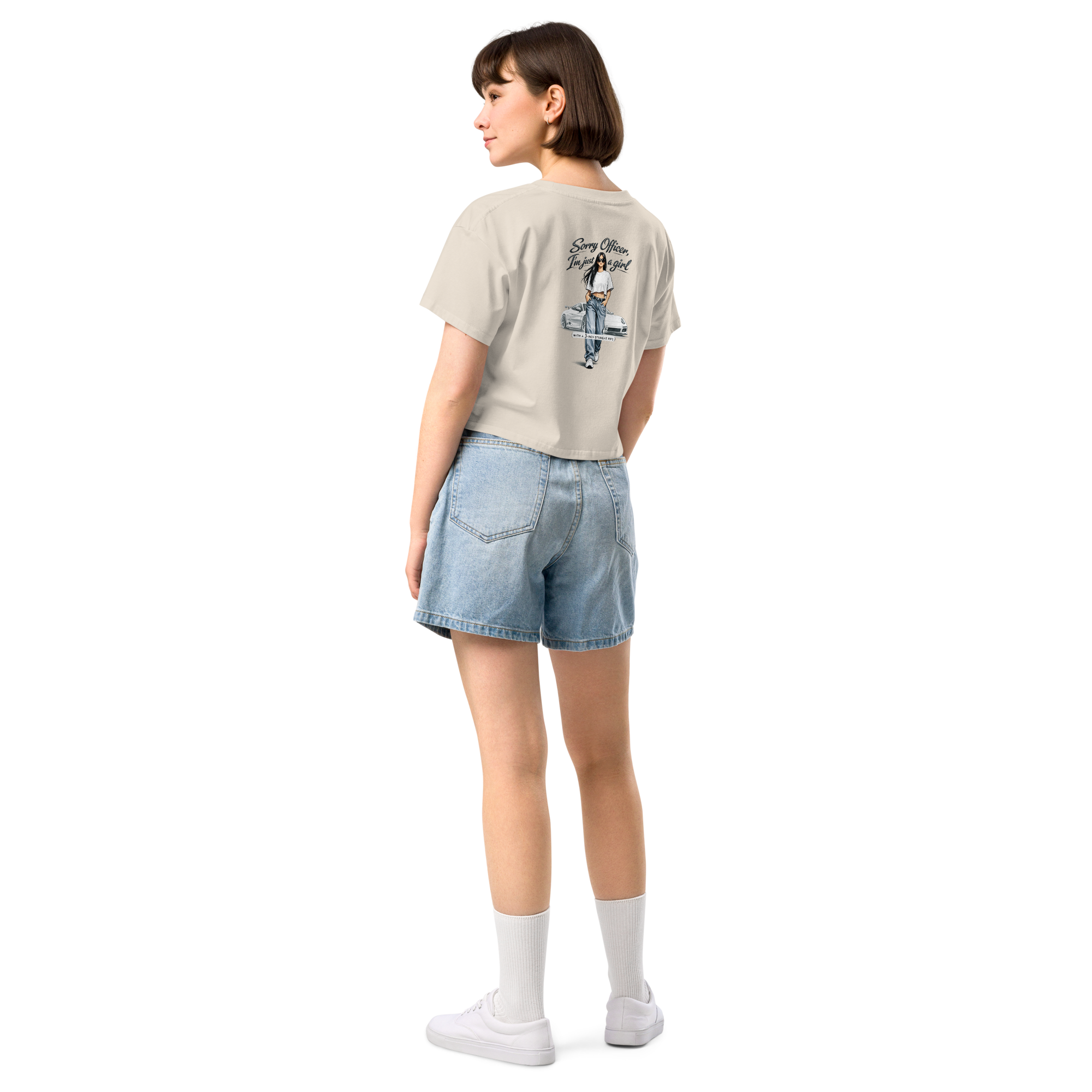 Women's Crop Tee — "Sorry Officer, I'm Just a Girl (with a 3-inch Straight Pipe)