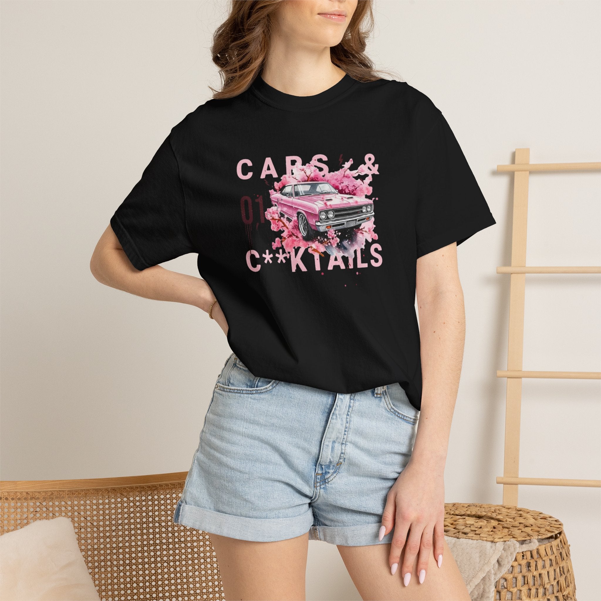 Cars & Cocktails Pink Car Floral Tee