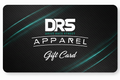 A rectangular black gift card with rounded corners on a white background. The card features a dark carbon-fiber texture with glowing teal streaks and white text reading 'DR5 APPAREL' and 'Gift Card'.