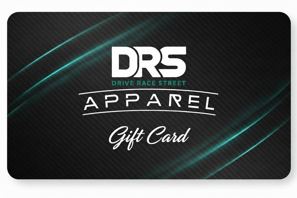 A rectangular black gift card with rounded corners on a white background. The card features a dark carbon-fiber texture with glowing teal streaks and white text reading 'DR5 APPAREL' and 'Gift Card'.