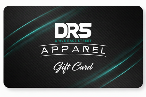 A rectangular black gift card with rounded corners on a white background. The card features a dark carbon-fiber texture with glowing teal streaks and white text reading 'DR5 APPAREL' and 'Gift Card'.