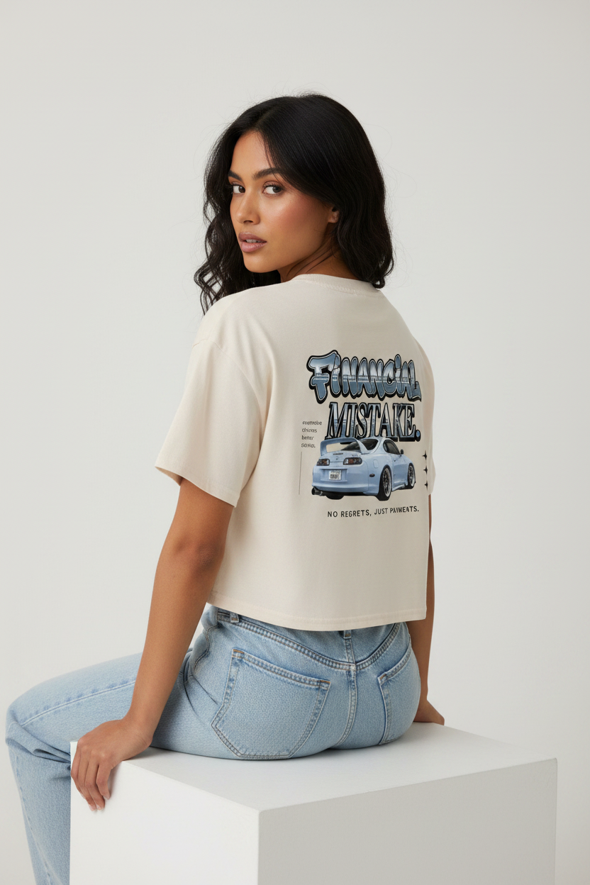 散財の過ち｜レディースJDMグラフィッククロップトップ｜トヨタ スープラ Tシャツ