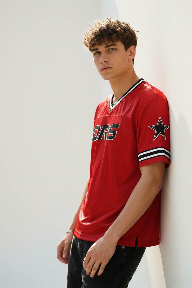 A young man with curly brown hair wearing a red short-sleeve V-neck jersey with black and white trim, leaning against a white wall.